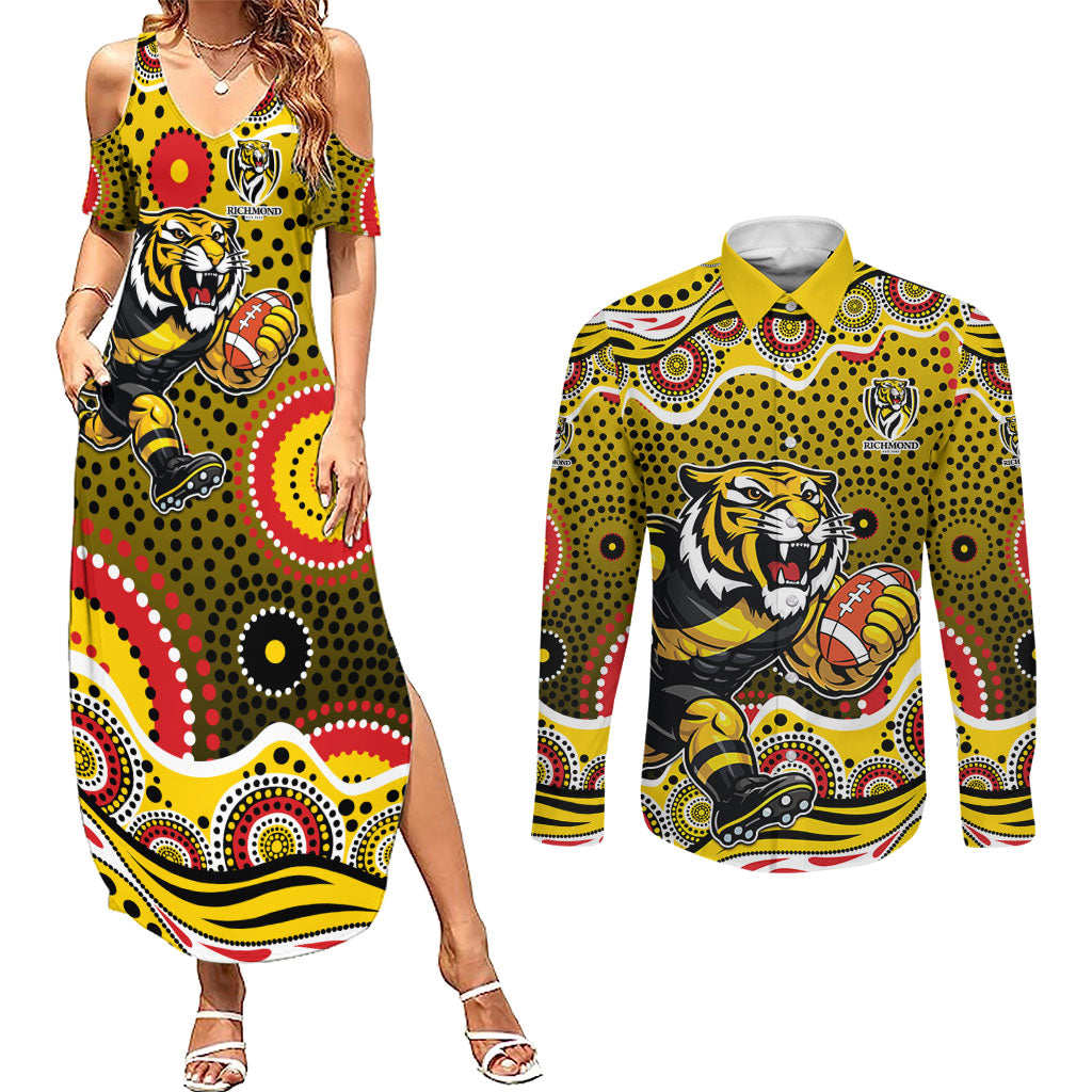 Richmond Tigers Couples Matching Summer Maxi Dress and Long Sleeve Button Shirt Aboriginal Dot Pattern - Football Mascot Heritage Pride