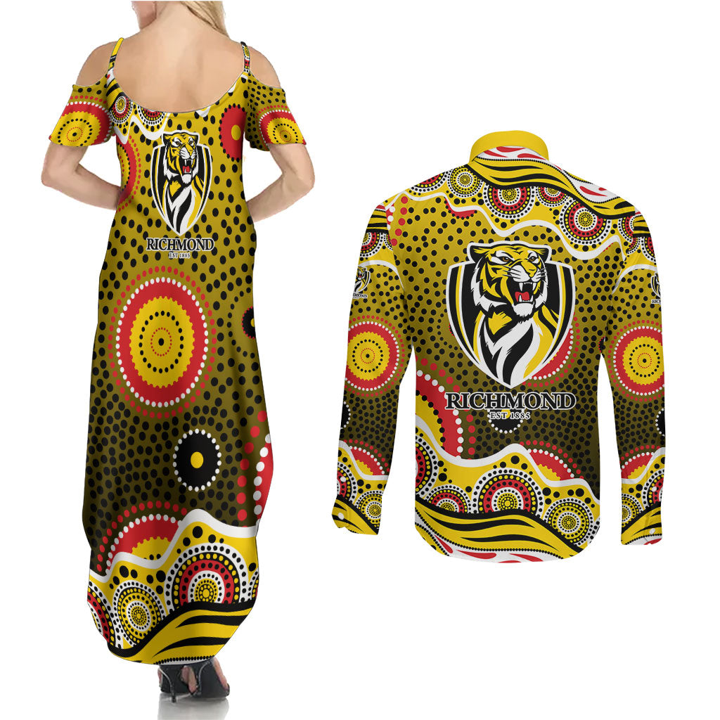 Richmond Tigers Couples Matching Summer Maxi Dress and Long Sleeve Button Shirt Aboriginal Dot Pattern - Football Mascot Heritage Pride
