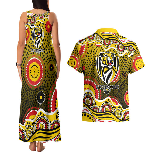 Richmond Tigers Couples Matching Tank Maxi Dress and Hawaiian Shirt Aboriginal Dot Pattern - Football Mascot Heritage Pride