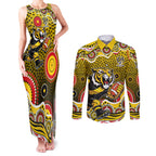 Richmond Tigers Couples Matching Tank Maxi Dress and Long Sleeve Button Shirt Aboriginal Dot Pattern - Football Mascot Heritage Pride
