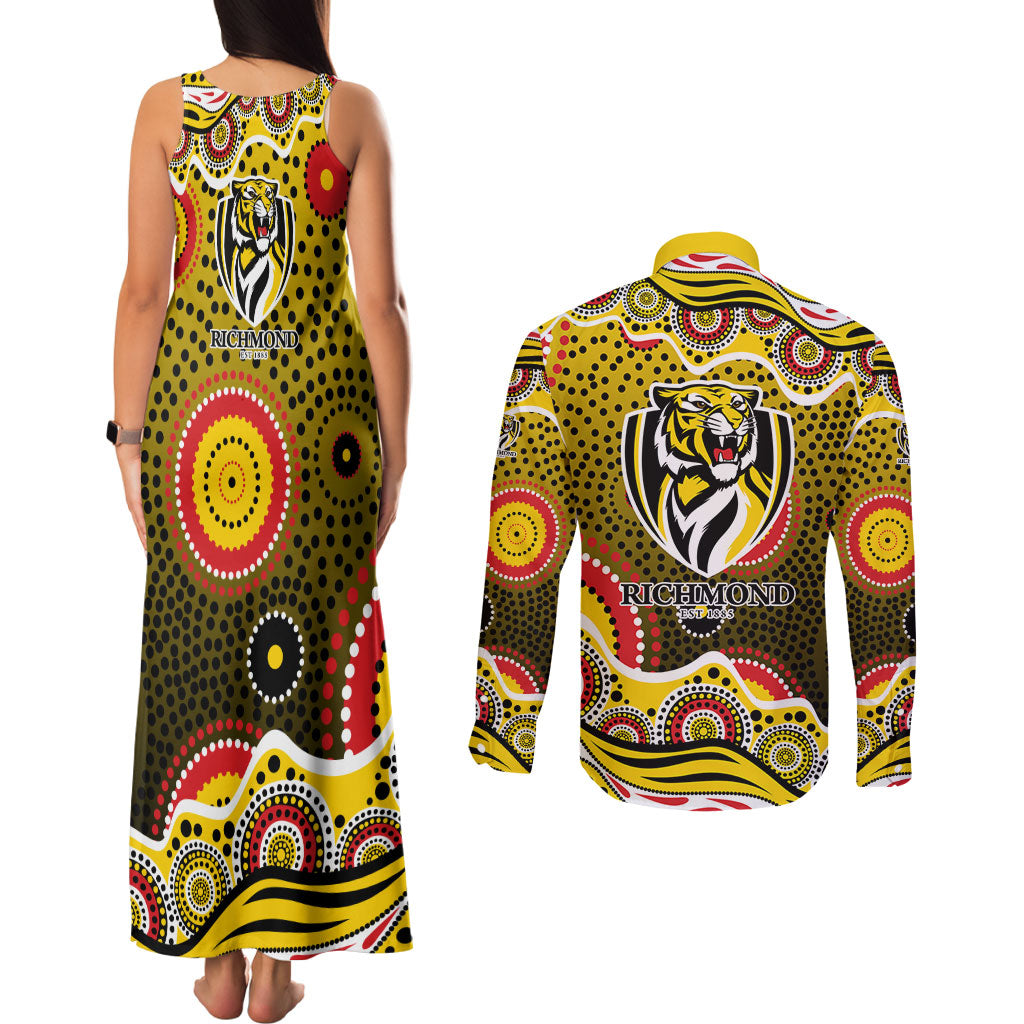 Richmond Tigers Couples Matching Tank Maxi Dress and Long Sleeve Button Shirt Aboriginal Dot Pattern - Football Mascot Heritage Pride