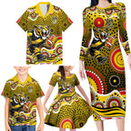 Richmond Tigers Family Matching Long Sleeve Bodycon Dress and Hawaiian Shirt Aboriginal Dot Pattern - Football Mascot Heritage Pride