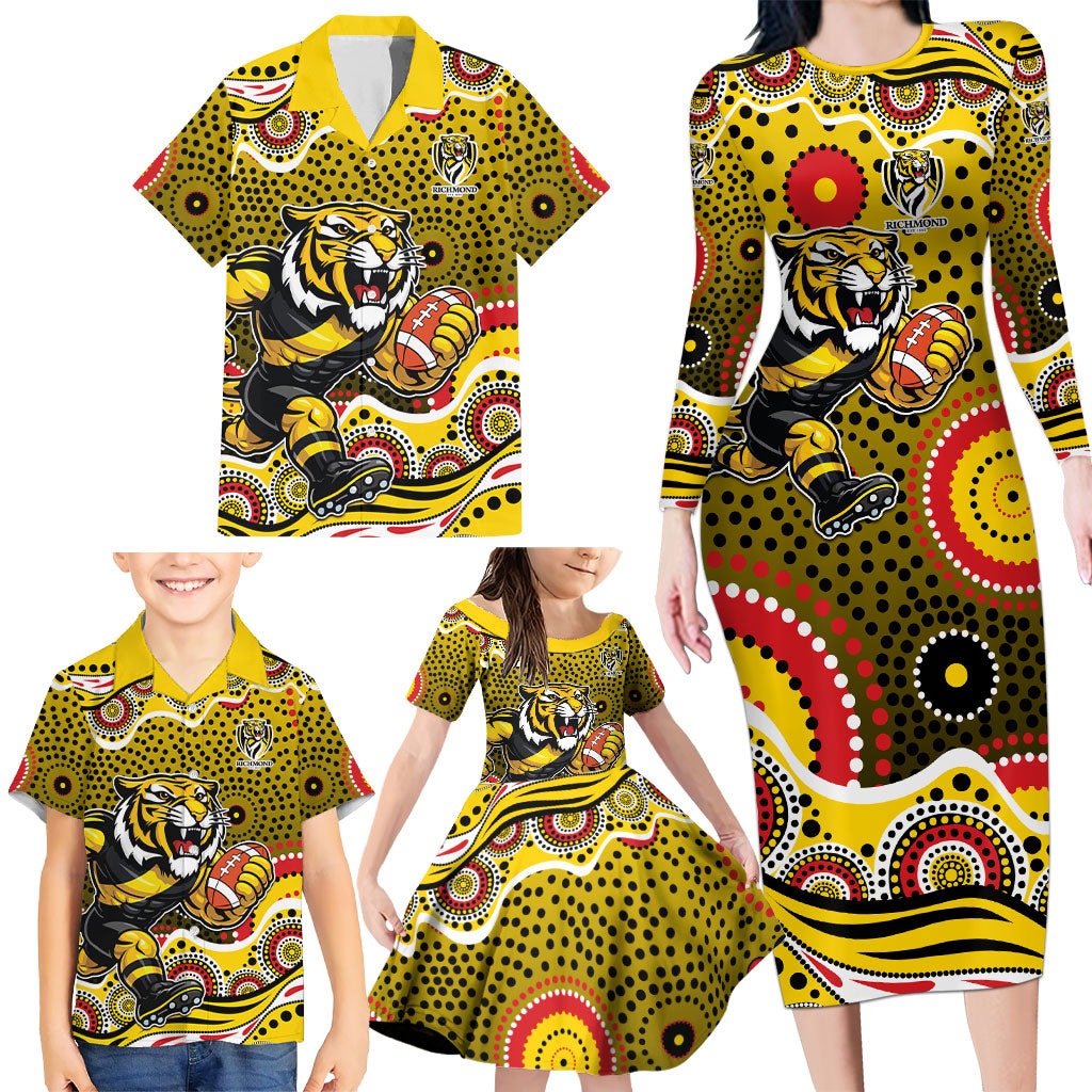 Richmond Tigers Family Matching Long Sleeve Bodycon Dress and Hawaiian Shirt Aboriginal Dot Pattern - Football Mascot Heritage Pride