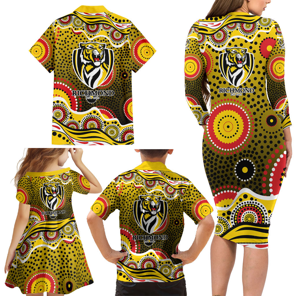 Richmond Tigers Family Matching Long Sleeve Bodycon Dress and Hawaiian Shirt Aboriginal Dot Pattern - Football Mascot Heritage Pride