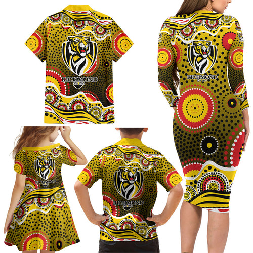 Richmond Tigers Family Matching Long Sleeve Bodycon Dress and Hawaiian Shirt Aboriginal Dot Pattern - Football Mascot Heritage Pride