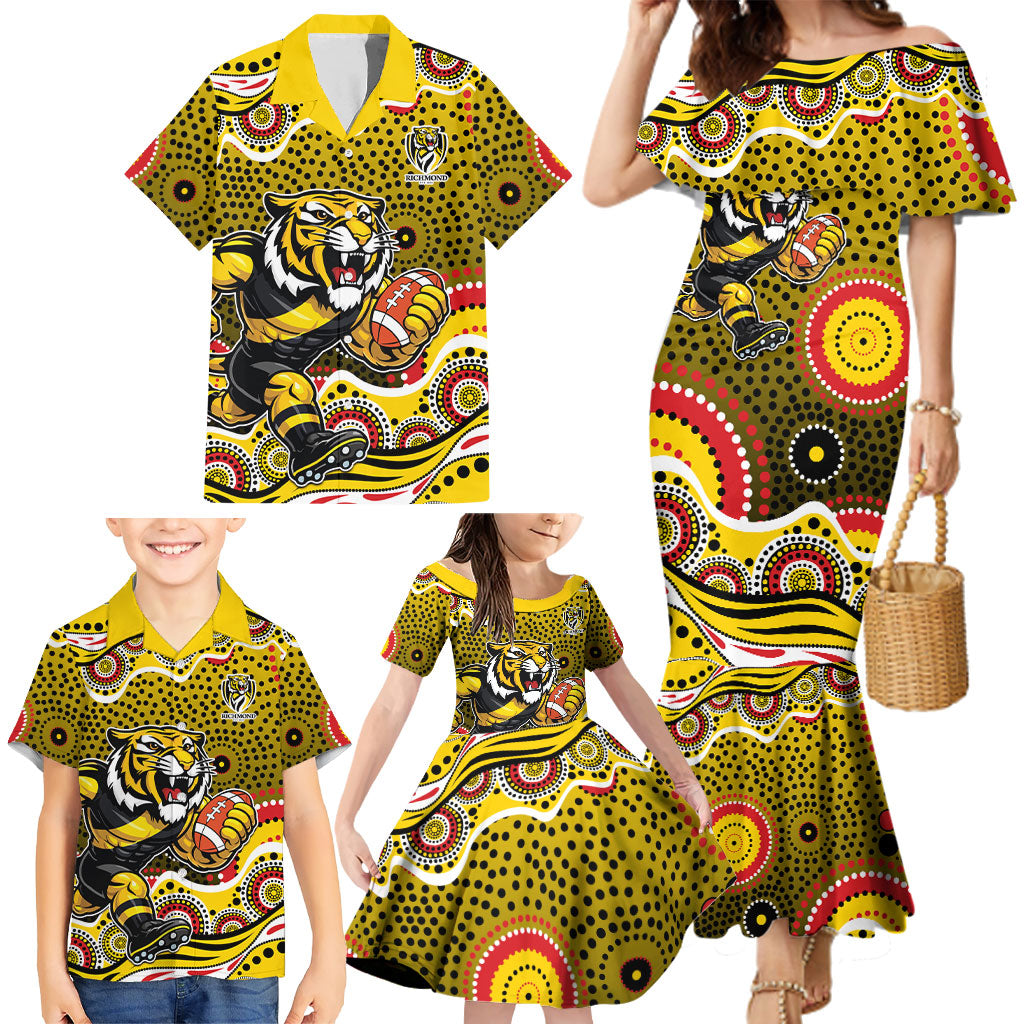 Richmond Tigers Family Matching Mermaid Dress and Hawaiian Shirt Aboriginal Dot Pattern - Football Mascot Heritage Pride