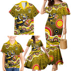 Richmond Tigers Family Matching Mermaid Dress and Hawaiian Shirt Aboriginal Dot Pattern - Football Mascot Heritage Pride
