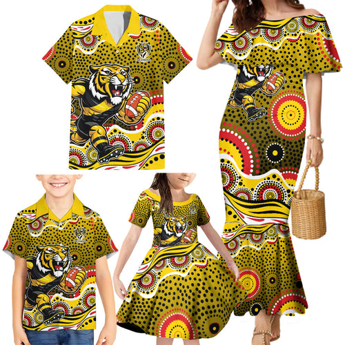 Richmond Tigers Family Matching Mermaid Dress and Hawaiian Shirt Aboriginal Dot Pattern - Football Mascot Heritage Pride