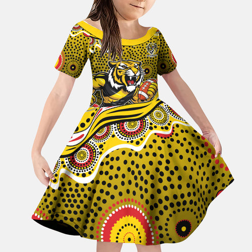 Richmond Tigers Family Matching Mermaid Dress and Hawaiian Shirt Aboriginal Dot Pattern - Football Mascot Heritage Pride