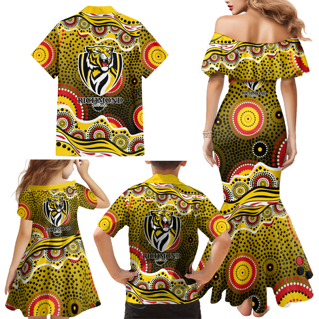 Richmond Tigers Family Matching Mermaid Dress and Hawaiian Shirt Aboriginal Dot Pattern - Football Mascot Heritage Pride