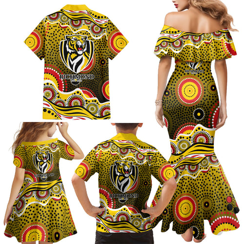 Richmond Tigers Family Matching Mermaid Dress and Hawaiian Shirt Aboriginal Dot Pattern - Football Mascot Heritage Pride