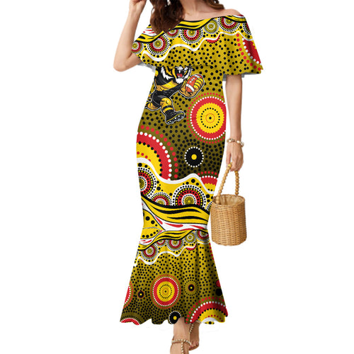 Richmond Tigers Family Matching Mermaid Dress and Hawaiian Shirt Aboriginal Dot Pattern - Football Mascot Heritage Pride