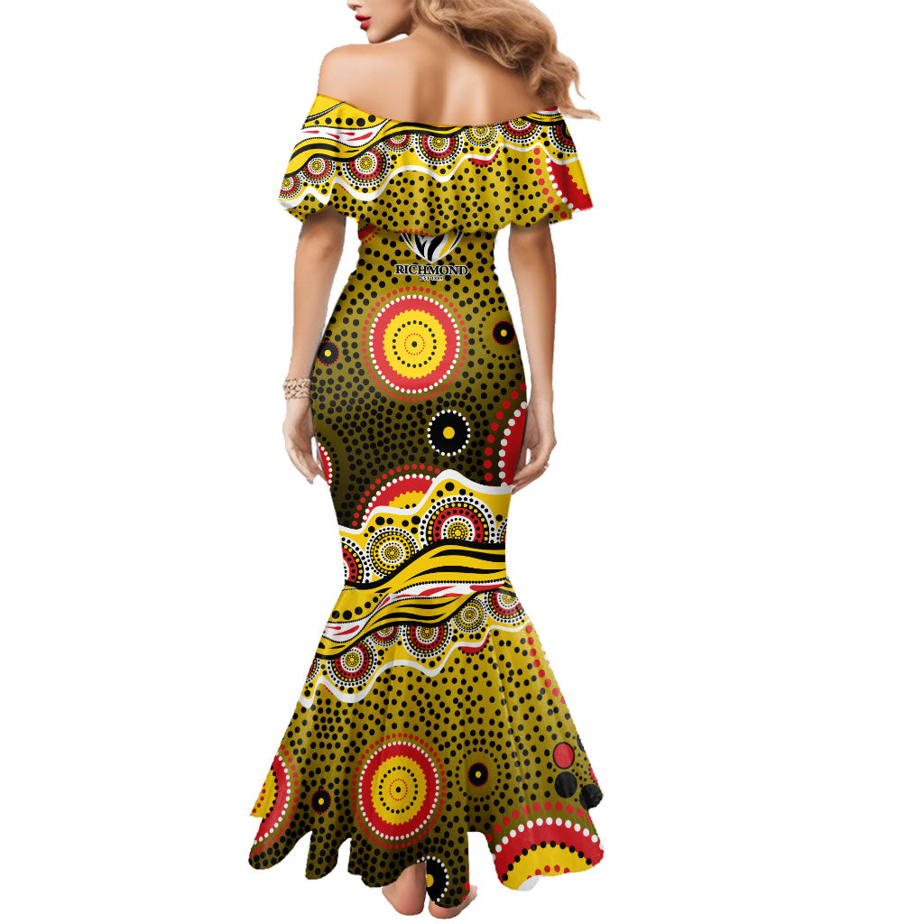 Richmond Tigers Family Matching Mermaid Dress and Hawaiian Shirt Aboriginal Dot Pattern - Football Mascot Heritage Pride