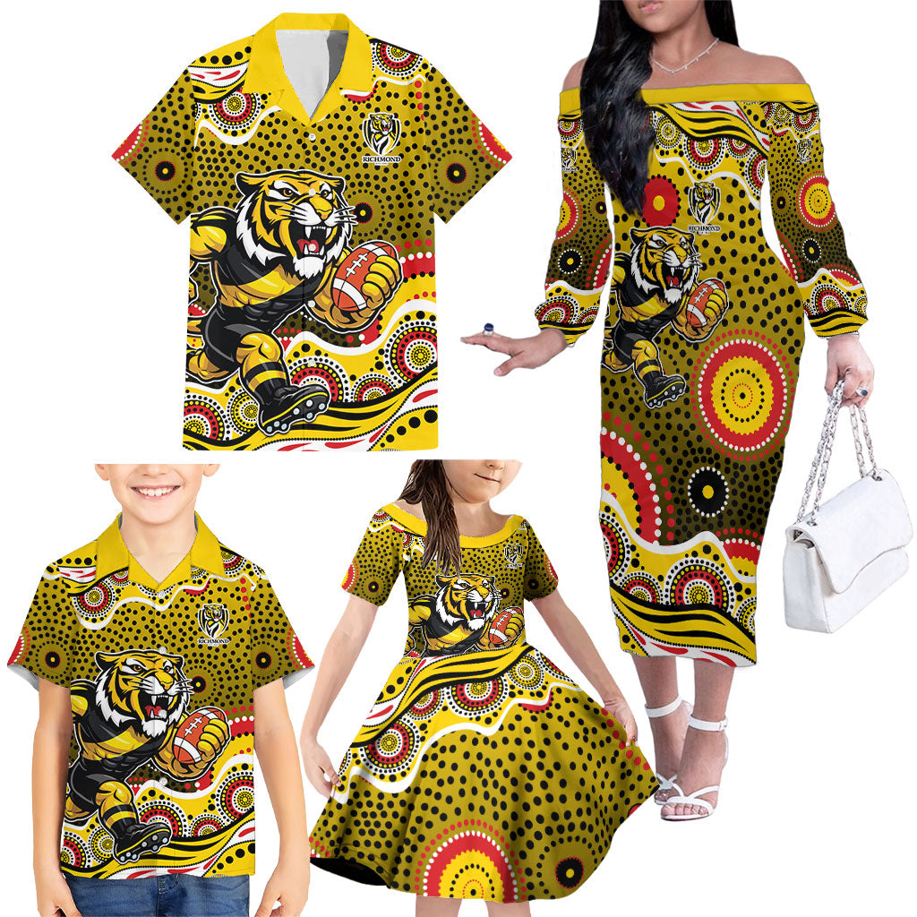 Richmond Tigers Family Matching Off The Shoulder Long Sleeve Dress and Hawaiian Shirt Aboriginal Dot Pattern - Football Mascot Heritage Pride