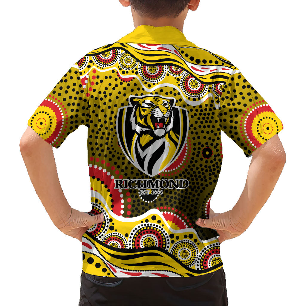 Richmond Tigers Family Matching Off The Shoulder Long Sleeve Dress and Hawaiian Shirt Aboriginal Dot Pattern - Football Mascot Heritage Pride