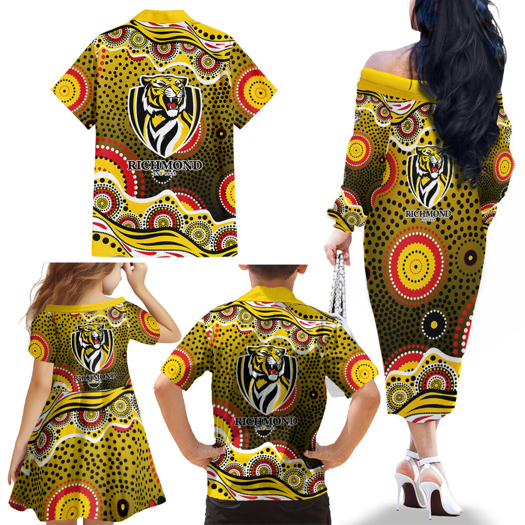 Richmond Tigers Family Matching Off The Shoulder Long Sleeve Dress and Hawaiian Shirt Aboriginal Dot Pattern - Football Mascot Heritage Pride