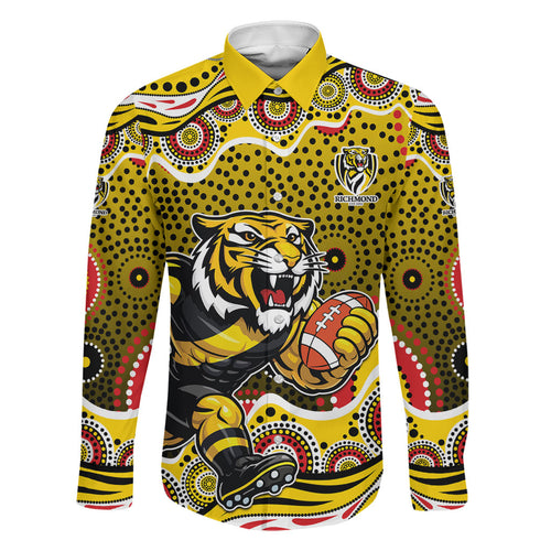 Richmond Tigers Family Matching Off The Shoulder Long Sleeve Dress and Hawaiian Shirt Aboriginal Dot Pattern - Football Mascot Heritage Pride