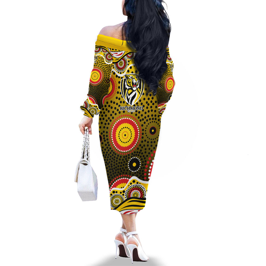 Richmond Tigers Family Matching Off The Shoulder Long Sleeve Dress and Hawaiian Shirt Aboriginal Dot Pattern - Football Mascot Heritage Pride