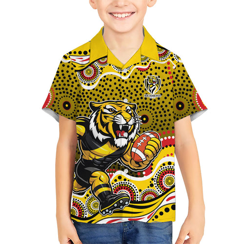 Richmond Tigers Family Matching Off The Shoulder Long Sleeve Dress and Hawaiian Shirt Aboriginal Dot Pattern - Football Mascot Heritage Pride