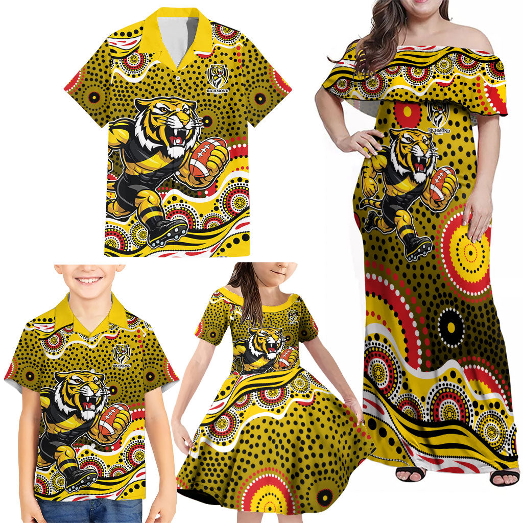 Richmond Tigers Family Matching Off Shoulder Maxi Dress and Hawaiian Shirt Aboriginal Dot Pattern - Football Mascot Heritage Pride
