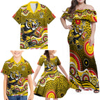 Richmond Tigers Family Matching Off Shoulder Maxi Dress and Hawaiian Shirt Aboriginal Dot Pattern - Football Mascot Heritage Pride