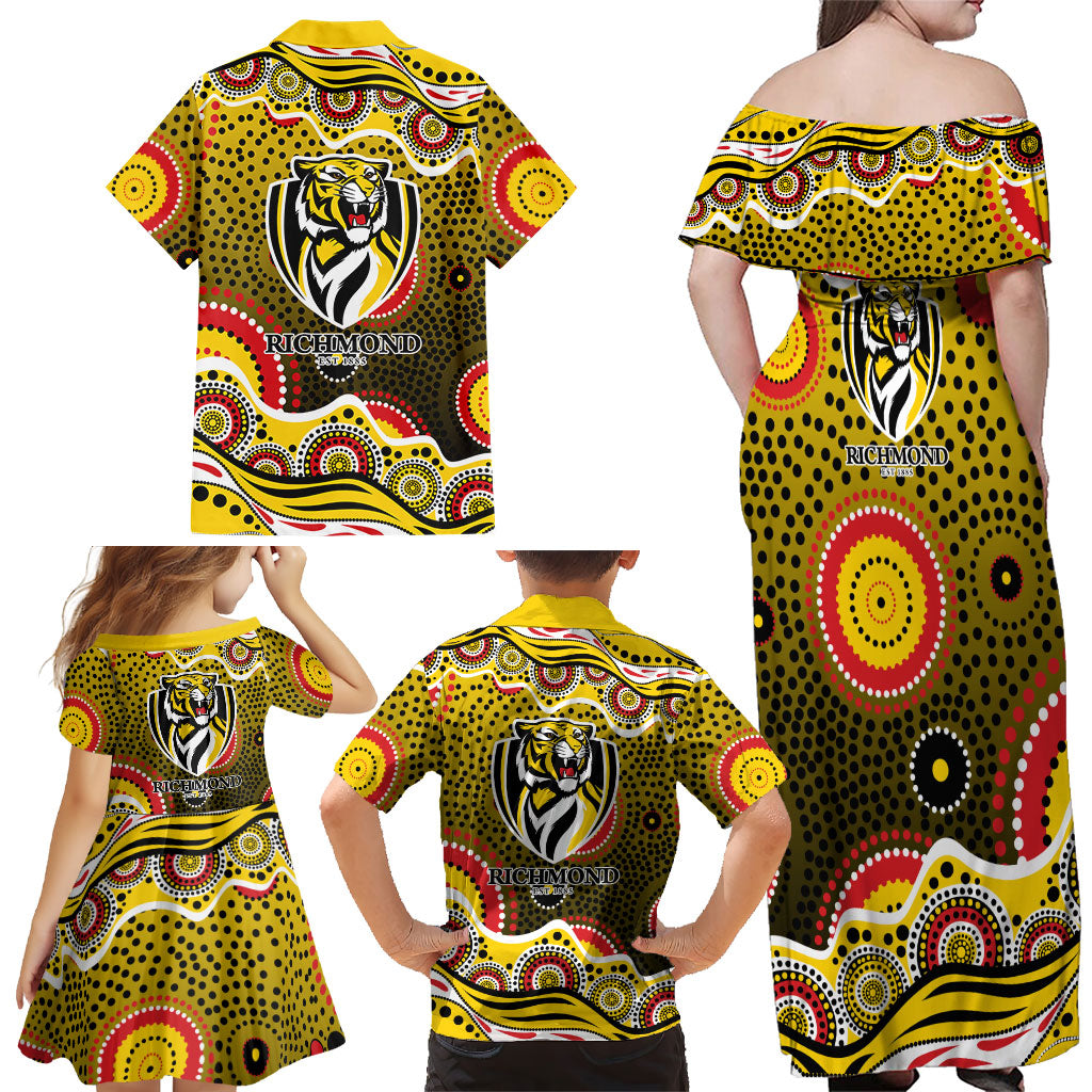Richmond Tigers Family Matching Off Shoulder Maxi Dress and Hawaiian Shirt Aboriginal Dot Pattern - Football Mascot Heritage Pride