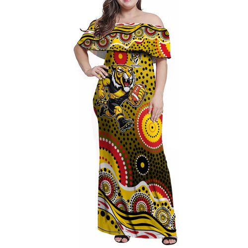 Richmond Tigers Family Matching Off Shoulder Maxi Dress and Hawaiian Shirt Aboriginal Dot Pattern - Football Mascot Heritage Pride