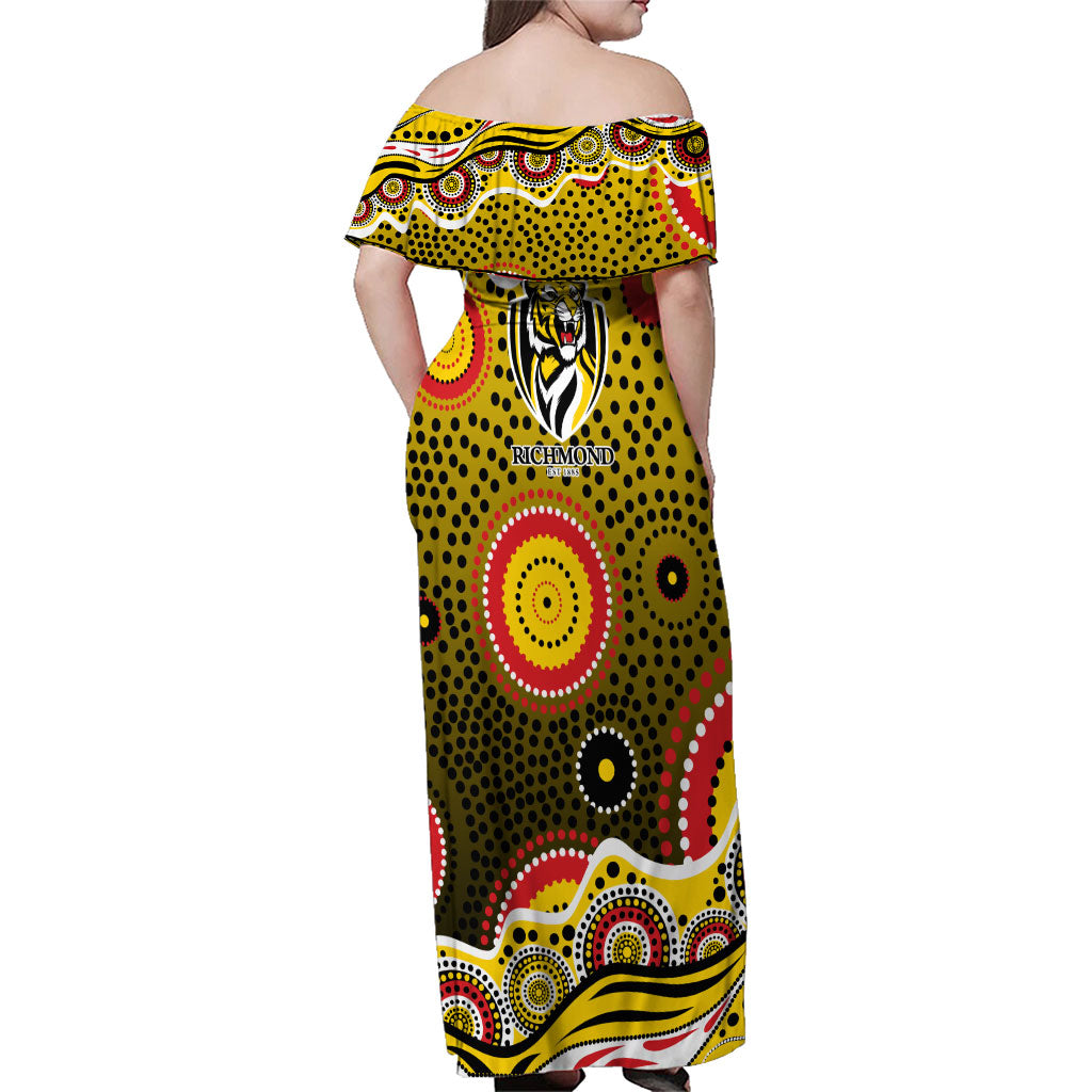 Richmond Tigers Family Matching Off Shoulder Maxi Dress and Hawaiian Shirt Aboriginal Dot Pattern - Football Mascot Heritage Pride