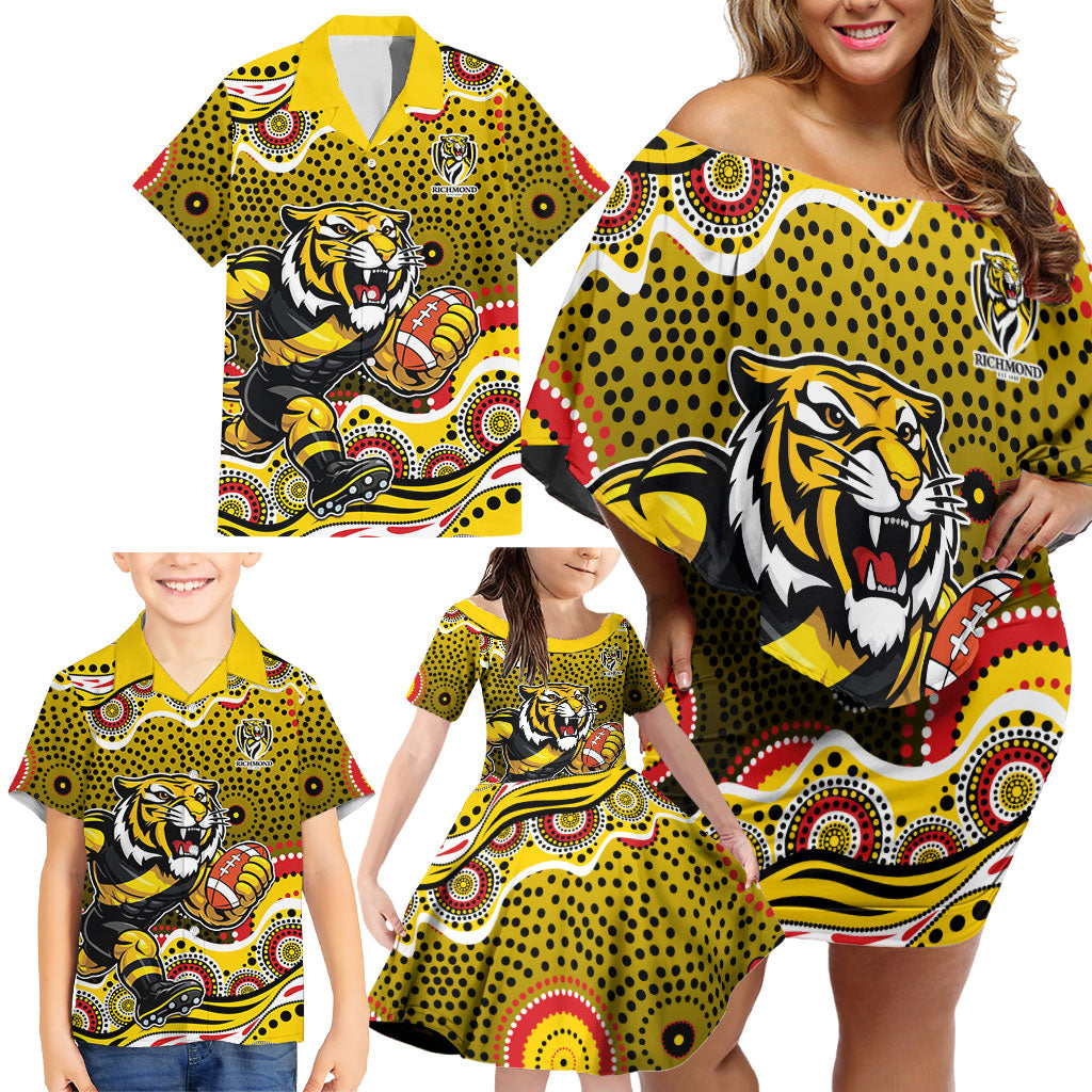 Richmond Tigers Family Matching Off Shoulder Short Dress and Hawaiian Shirt Aboriginal Dot Pattern - Football Mascot Heritage Pride