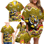 Richmond Tigers Family Matching Off Shoulder Short Dress and Hawaiian Shirt Aboriginal Dot Pattern - Football Mascot Heritage Pride