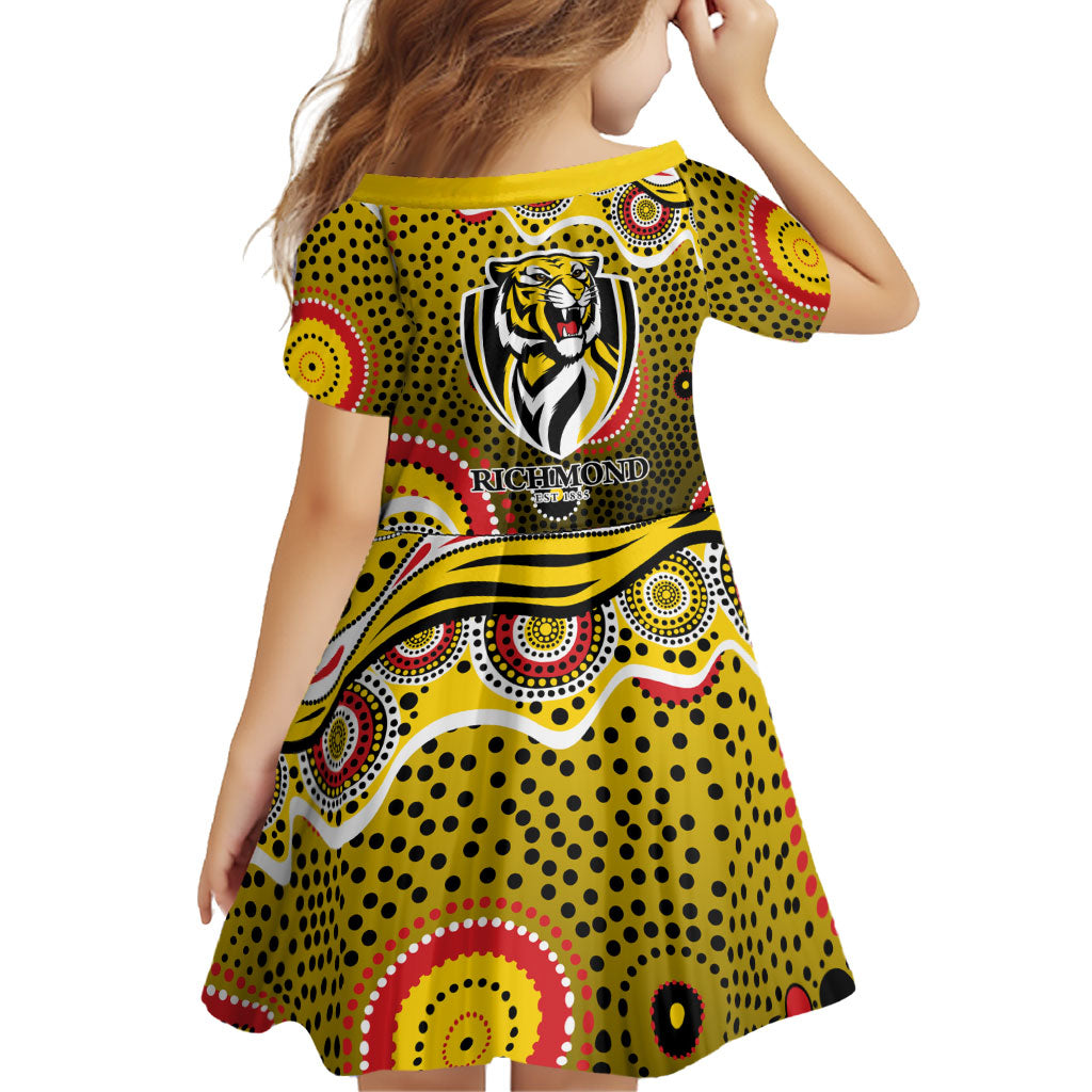 Richmond Tigers Family Matching Off Shoulder Short Dress and Hawaiian Shirt Aboriginal Dot Pattern - Football Mascot Heritage Pride