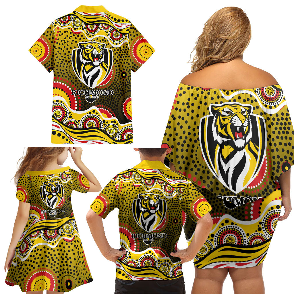 Richmond Tigers Family Matching Off Shoulder Short Dress and Hawaiian Shirt Aboriginal Dot Pattern - Football Mascot Heritage Pride
