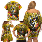 Richmond Tigers Family Matching Off Shoulder Short Dress and Hawaiian Shirt Aboriginal Dot Pattern - Football Mascot Heritage Pride
