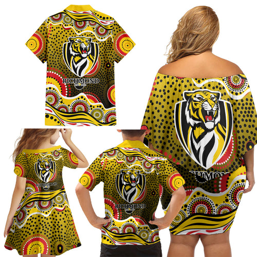 Richmond Tigers Family Matching Off Shoulder Short Dress and Hawaiian Shirt Aboriginal Dot Pattern - Football Mascot Heritage Pride
