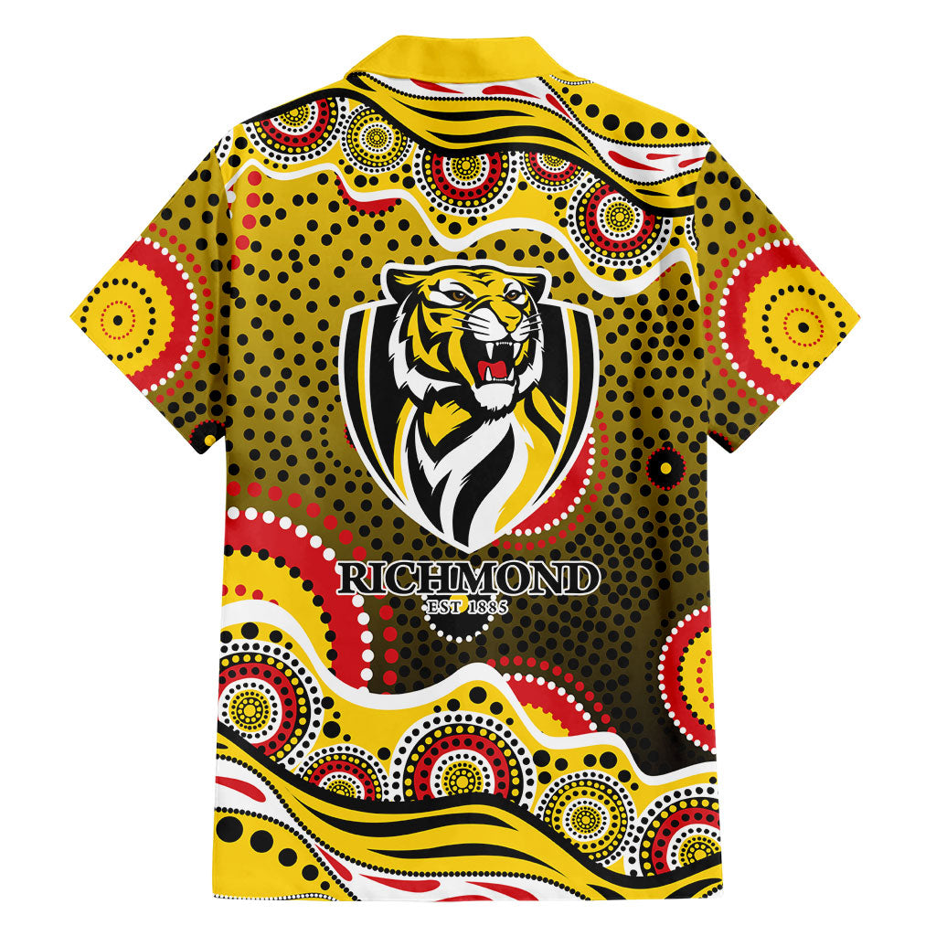 Richmond Tigers Family Matching Off Shoulder Short Dress and Hawaiian Shirt Aboriginal Dot Pattern - Football Mascot Heritage Pride