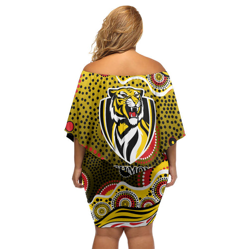 Richmond Tigers Family Matching Off Shoulder Short Dress and Hawaiian Shirt Aboriginal Dot Pattern - Football Mascot Heritage Pride