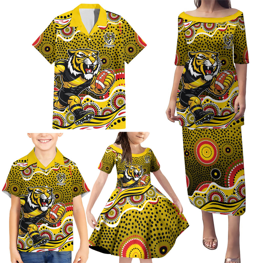 Richmond Tigers Family Matching Puletasi and Hawaiian Shirt Aboriginal Dot Pattern - Football Mascot Heritage Pride