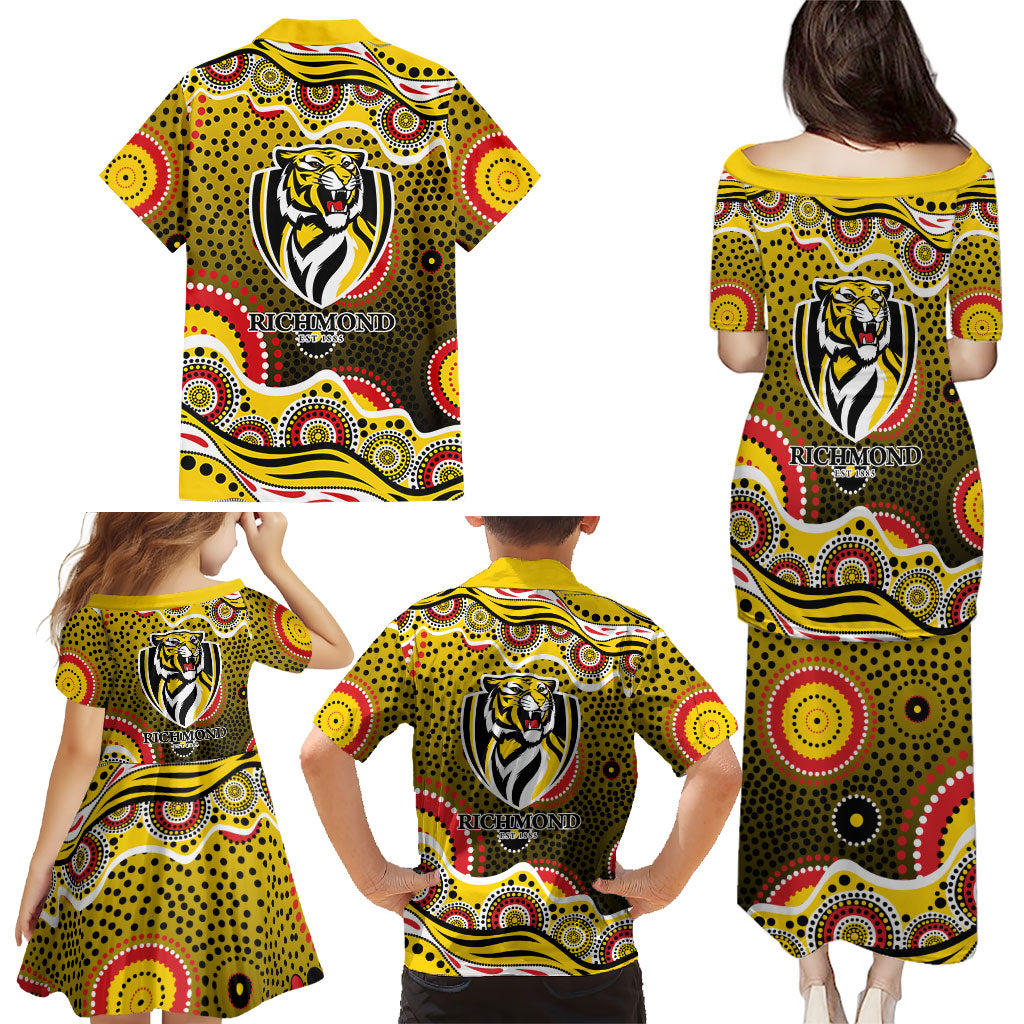 Richmond Tigers Family Matching Puletasi and Hawaiian Shirt Aboriginal Dot Pattern - Football Mascot Heritage Pride