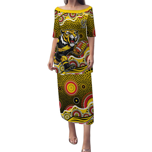 Richmond Tigers Family Matching Puletasi and Hawaiian Shirt Aboriginal Dot Pattern - Football Mascot Heritage Pride