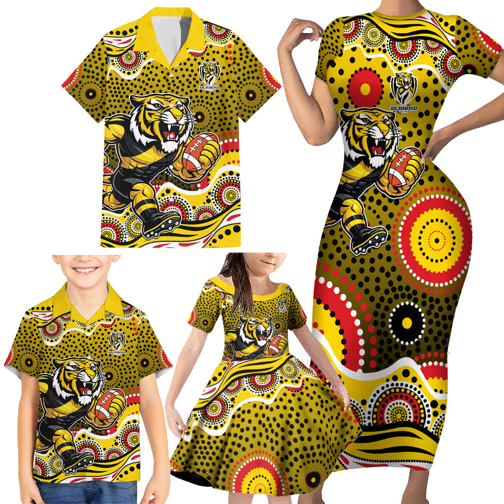 Richmond Tigers Family Matching Short Sleeve Bodycon Dress and Hawaiian Shirt Aboriginal Dot Pattern - Football Mascot Heritage Pride