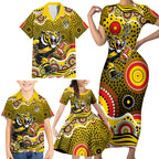 Richmond Tigers Family Matching Short Sleeve Bodycon Dress and Hawaiian Shirt Aboriginal Dot Pattern - Football Mascot Heritage Pride