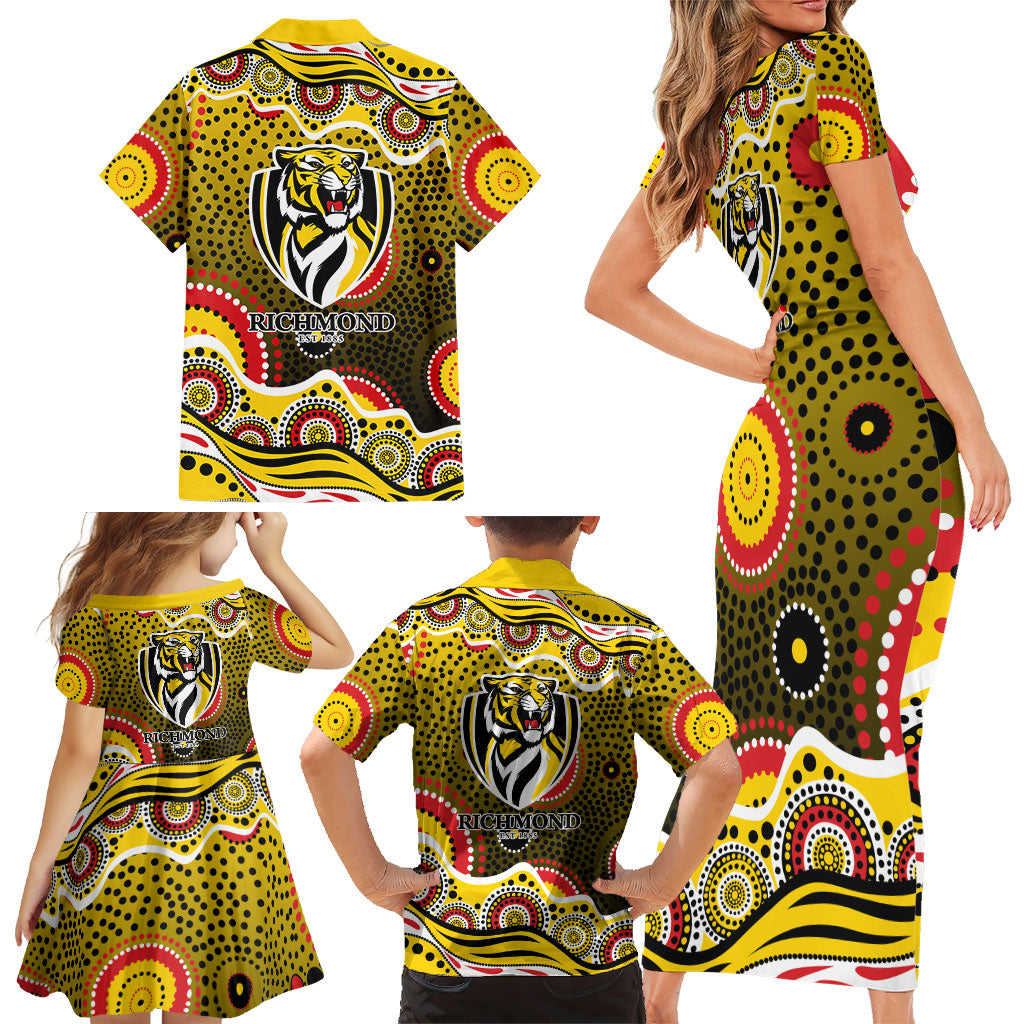 Richmond Tigers Family Matching Short Sleeve Bodycon Dress and Hawaiian Shirt Aboriginal Dot Pattern - Football Mascot Heritage Pride