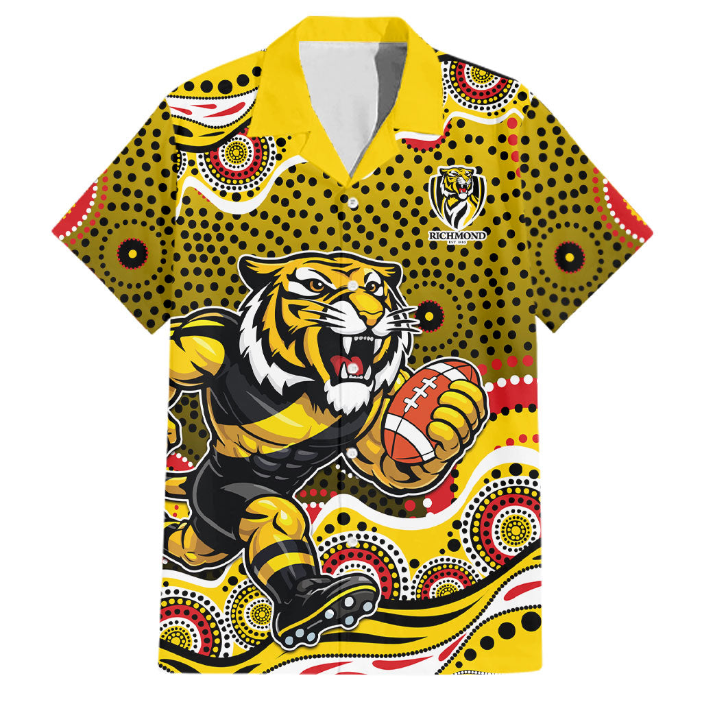 Richmond Tigers Family Matching Short Sleeve Bodycon Dress and Hawaiian Shirt Aboriginal Dot Pattern - Football Mascot Heritage Pride
