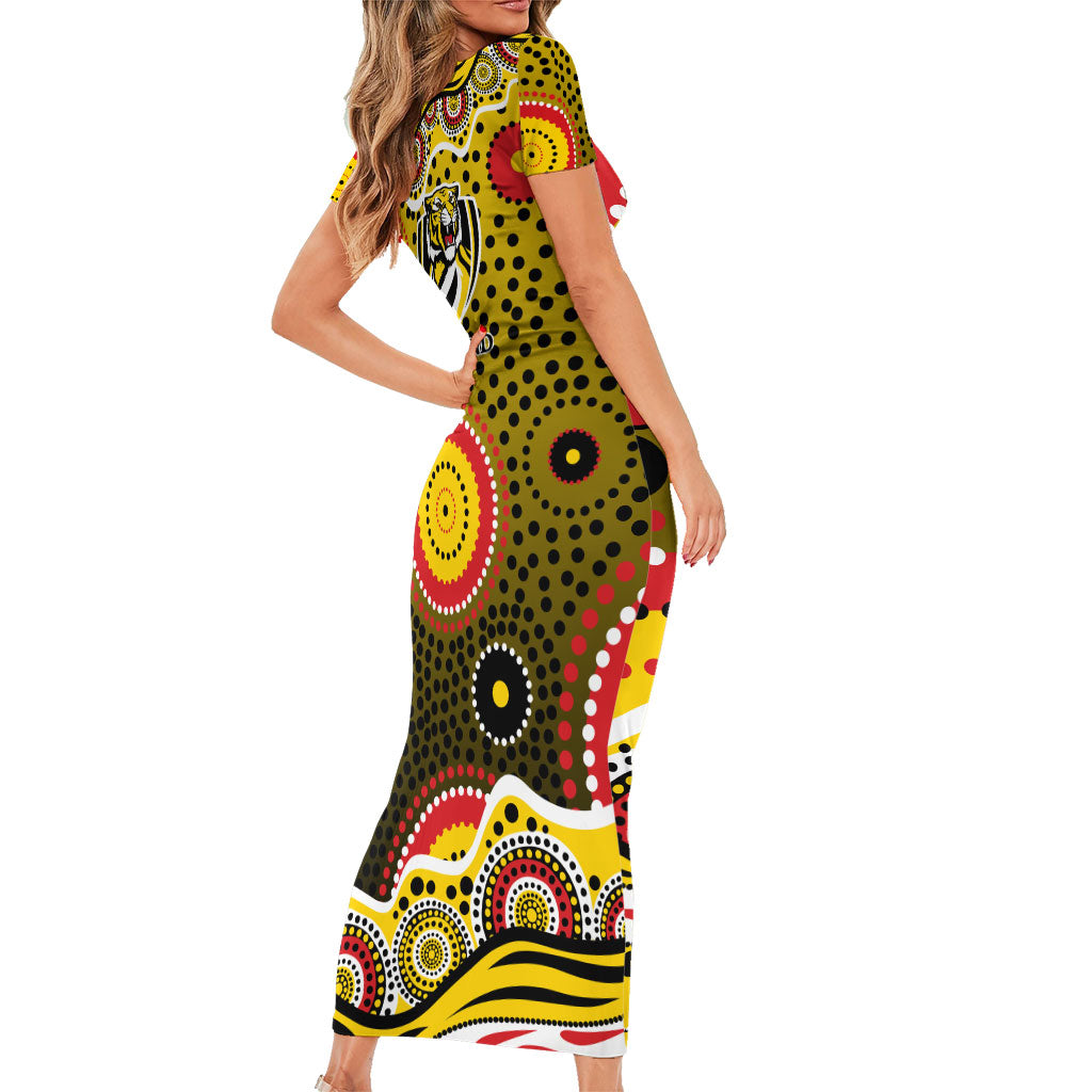 Richmond Tigers Family Matching Short Sleeve Bodycon Dress and Hawaiian Shirt Aboriginal Dot Pattern - Football Mascot Heritage Pride