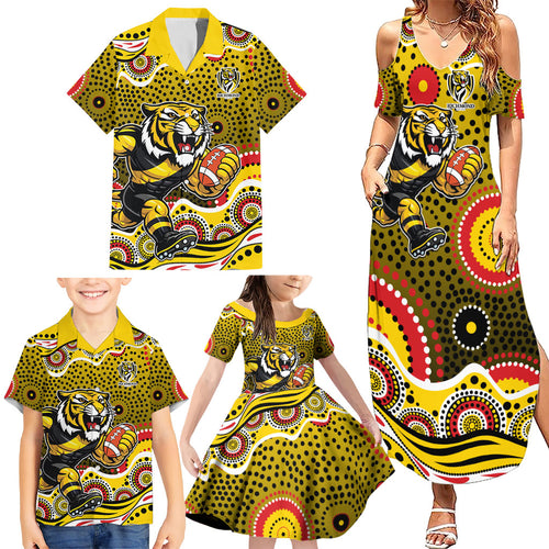 Richmond Tigers Family Matching Summer Maxi Dress and Hawaiian Shirt Aboriginal Dot Pattern - Football Mascot Heritage Pride