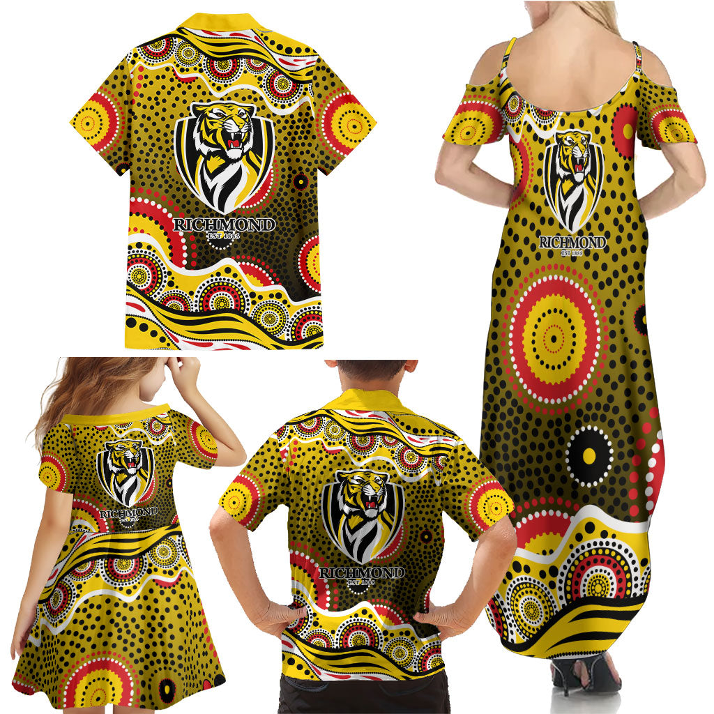 Richmond Tigers Family Matching Summer Maxi Dress and Hawaiian Shirt Aboriginal Dot Pattern - Football Mascot Heritage Pride