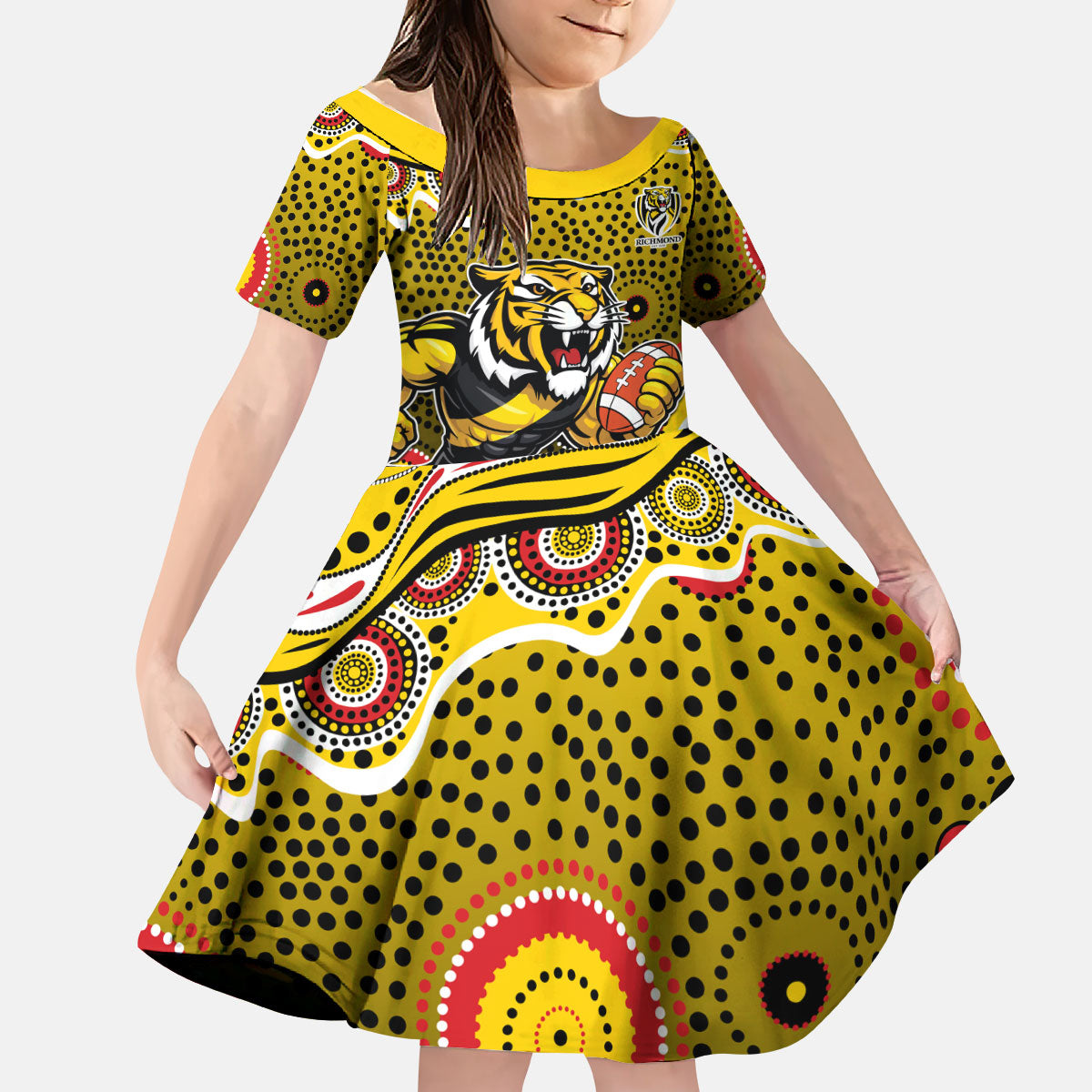 Richmond Tigers Kid Short Sleeve Dress Aboriginal Dot Pattern - Football Mascot Heritage Pride