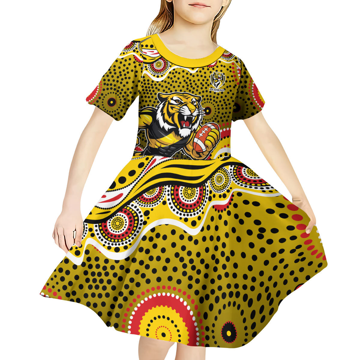 Richmond Tigers Kid Short Sleeve Dress Aboriginal Dot Pattern - Football Mascot Heritage Pride