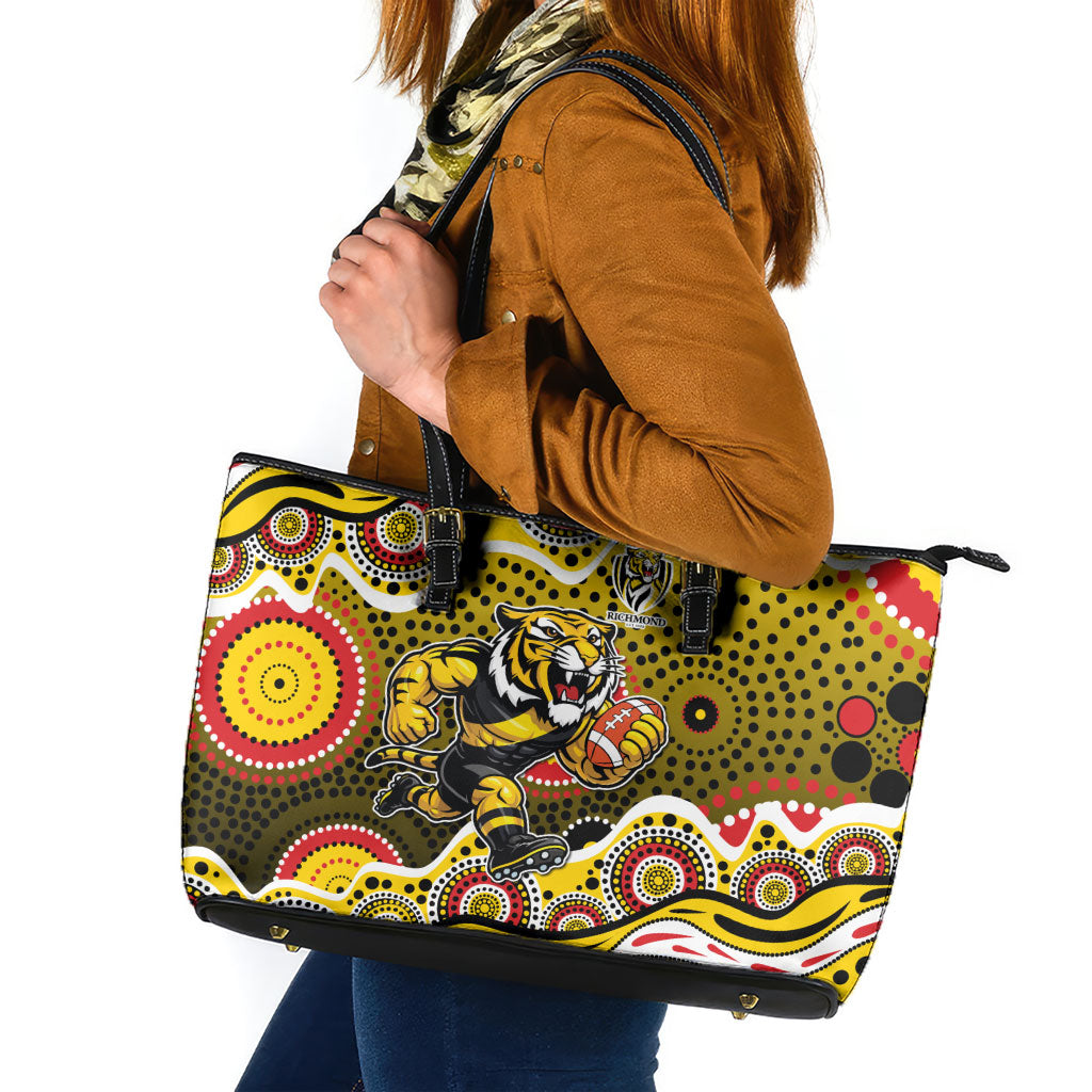Richmond Tigers Leather Tote Bag Aboriginal Dot Pattern - Football Mascot Heritage Pride