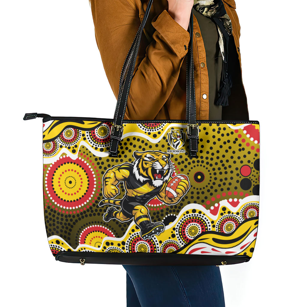Richmond Tigers Leather Tote Bag Aboriginal Dot Pattern - Football Mascot Heritage Pride